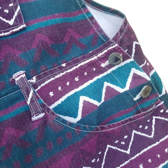 Vintage 90s Aztec Print Shortalls Overalls Womens S Baggy Purple Green Cotton - Picture 6 of 11